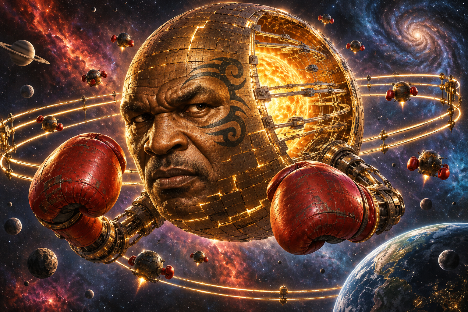 Mike Dyson, a golden star-sized sphere with Mike Tyson's face and enormous red boxing gloves, enclosing a blazing sun